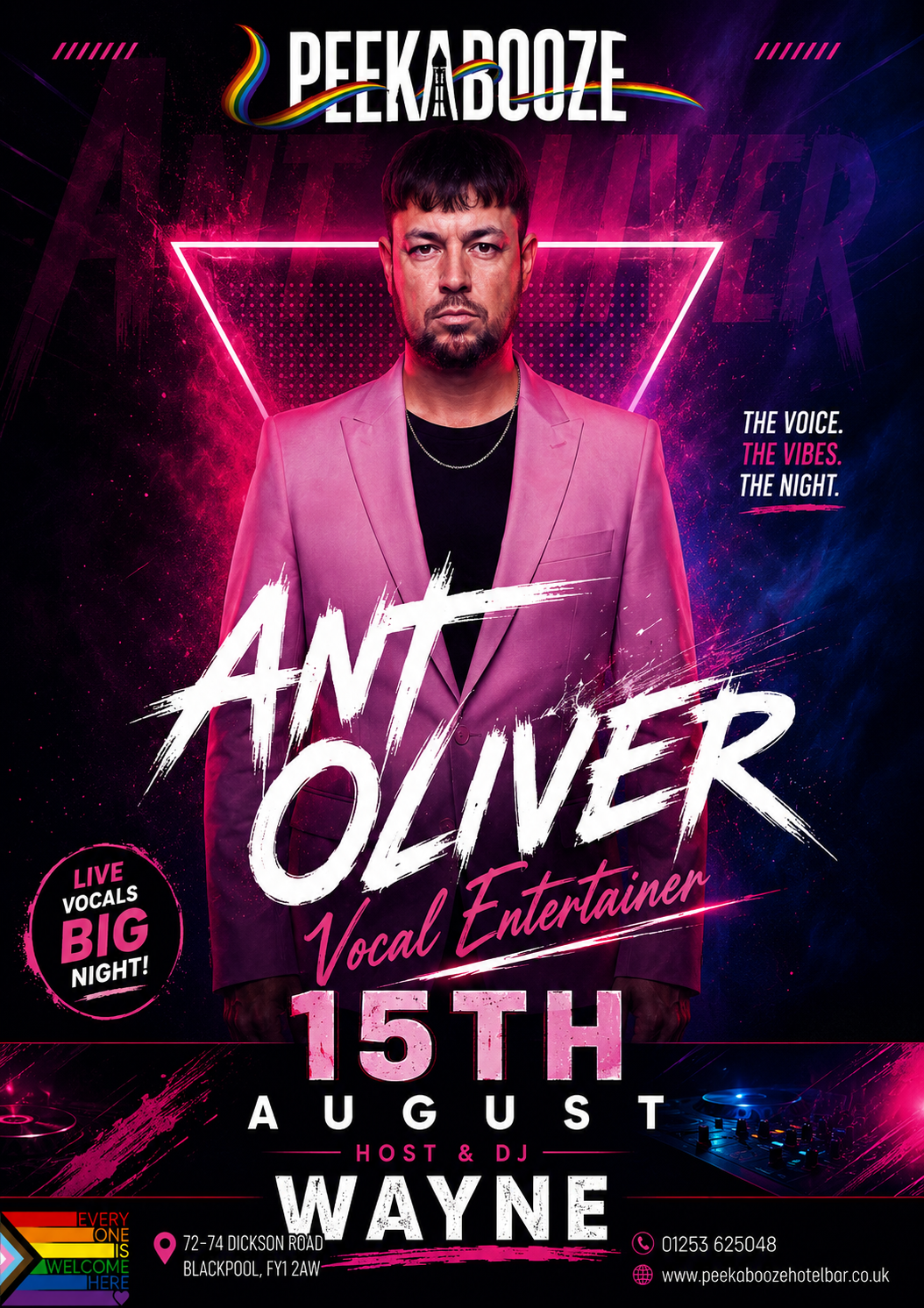 🎤 Ant Oliver – The Voice of Blackpool • Live at PeekaBooze • Saturday 15th August from 10.00pm 🎤